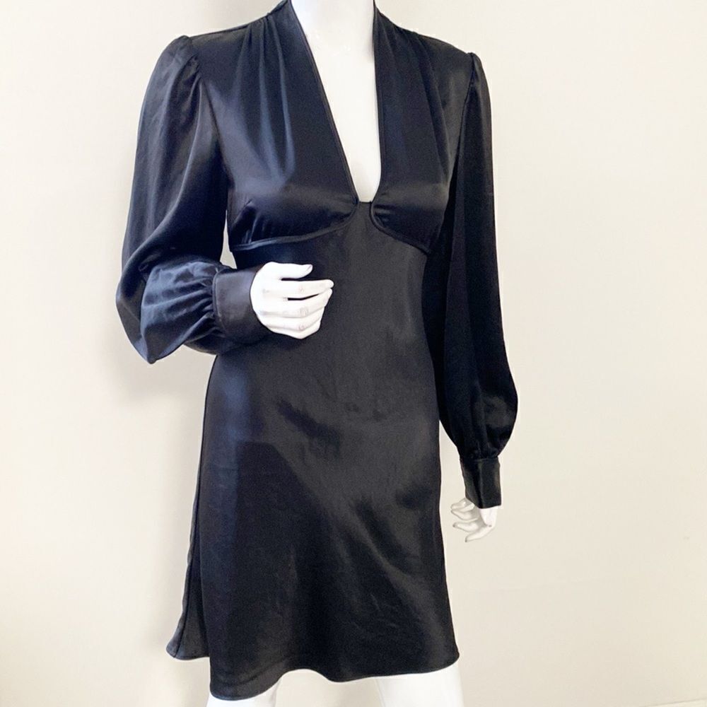 STAUD Rosenda Black Satin Long Sleeve Plunge Neckline Mini Dress FW 2023 Sample - Picture 6 of 9